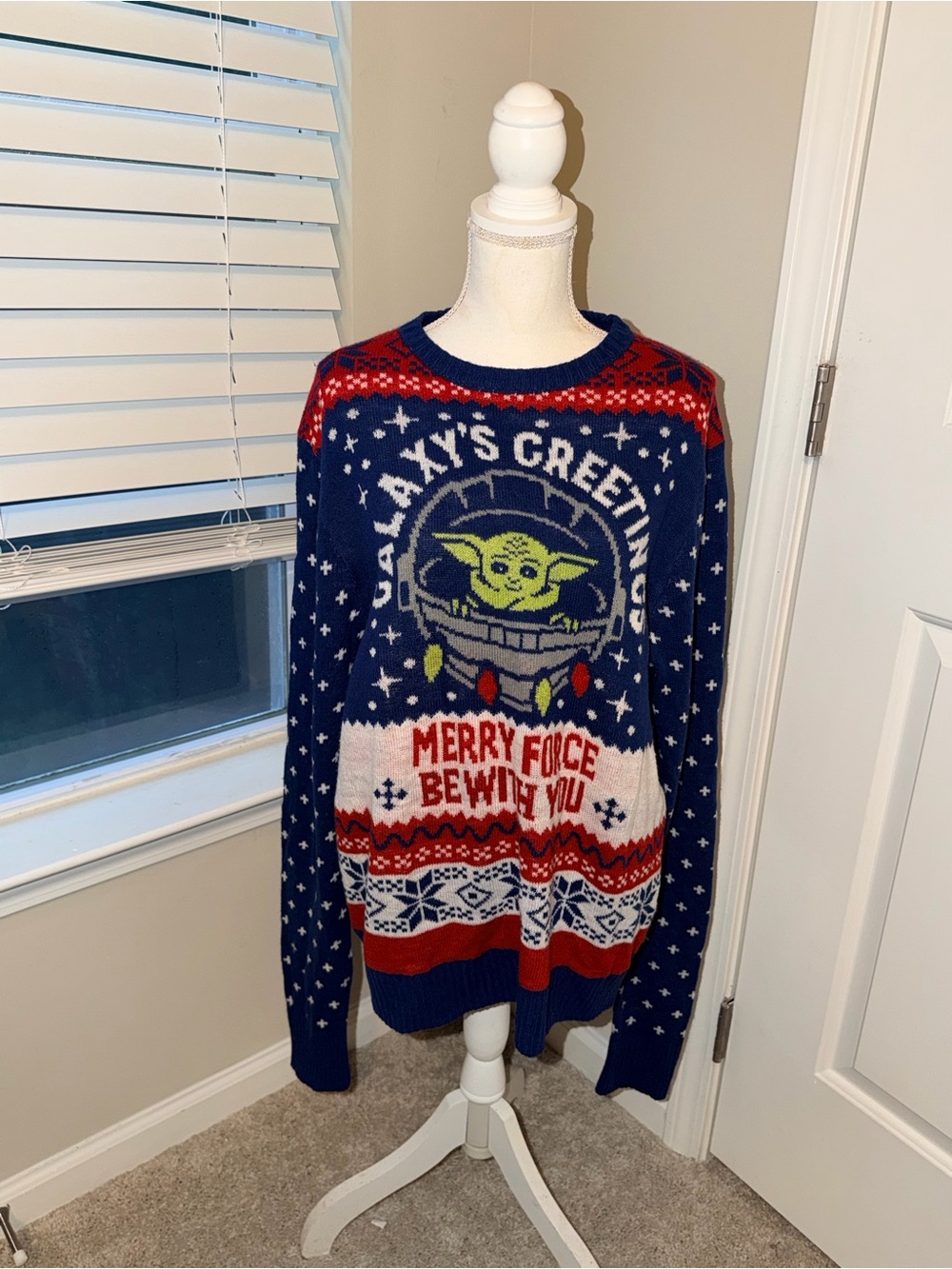 Merry Force Be With You Baby Yoda Holiday Sweater - Navy XL